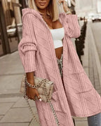 Women's longline cable knit hooded cardigan