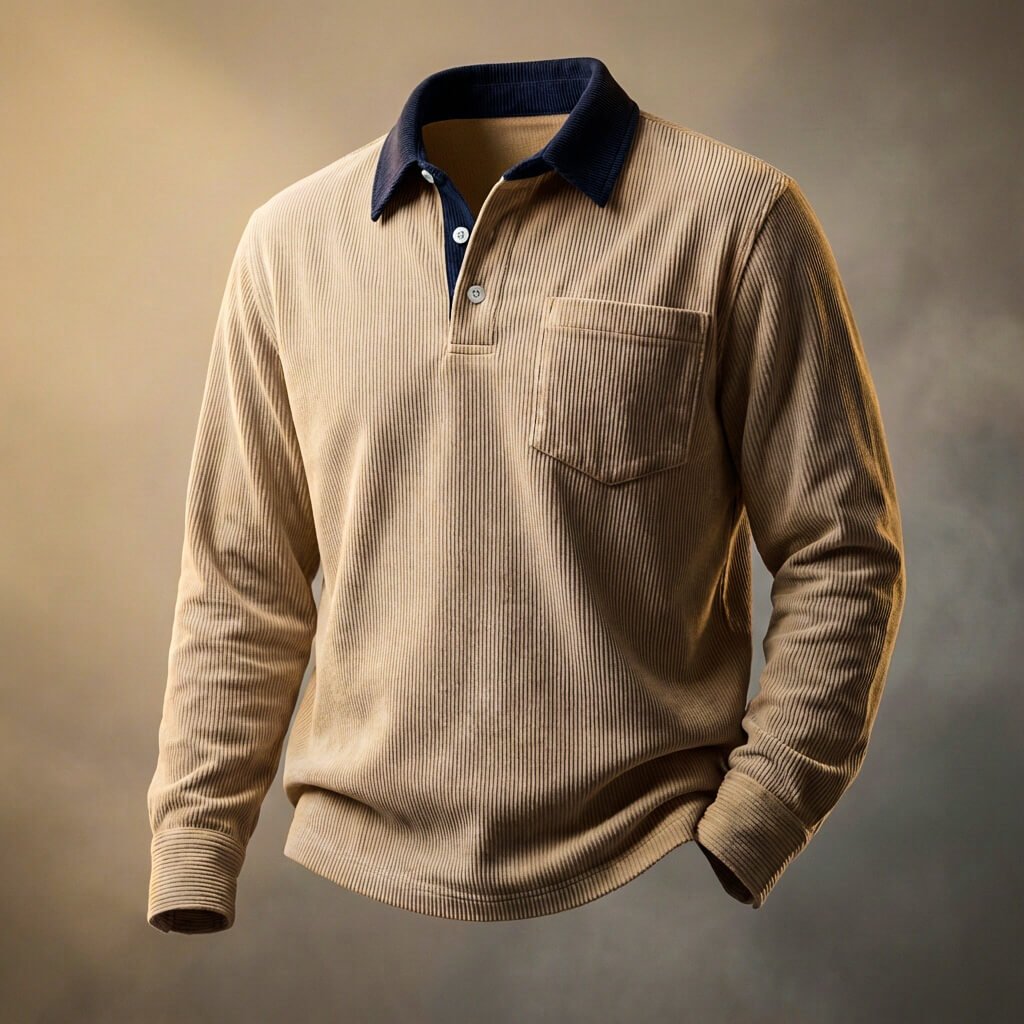 Men's long sleeve textured polo shirt with chest pocket