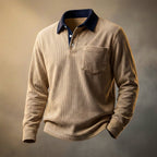 Men's long sleeve textured polo shirt with chest pocket