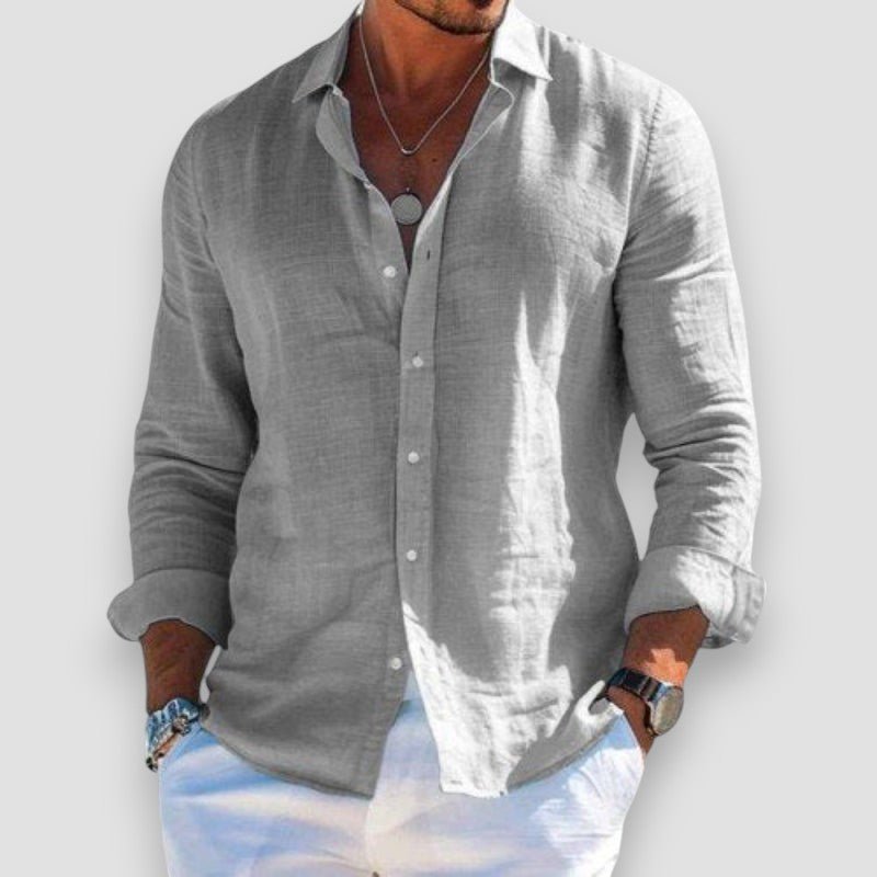 Men's long sleeve button-front shirt with open collar and curved hem