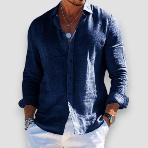 Men's long sleeve button-front shirt with open collar and curved hem