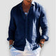 Men's long sleeve button-front shirt with open collar and curved hem