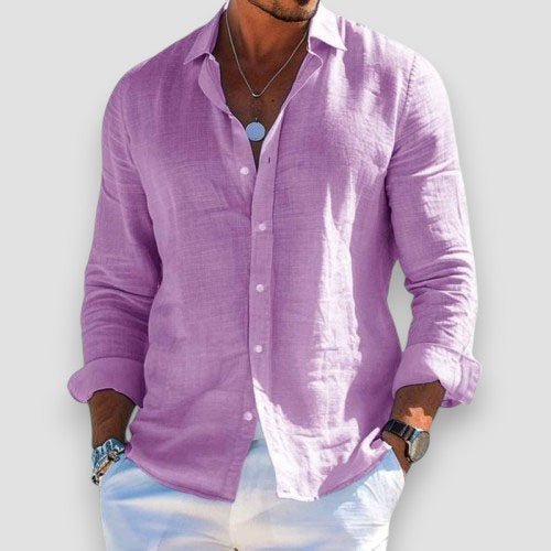 Men's long sleeve button-front shirt with open collar and curved hem