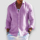 Men's long sleeve button-front shirt with open collar and curved hem