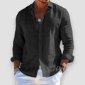 Men's long sleeve button-front shirt with open collar and curved hem