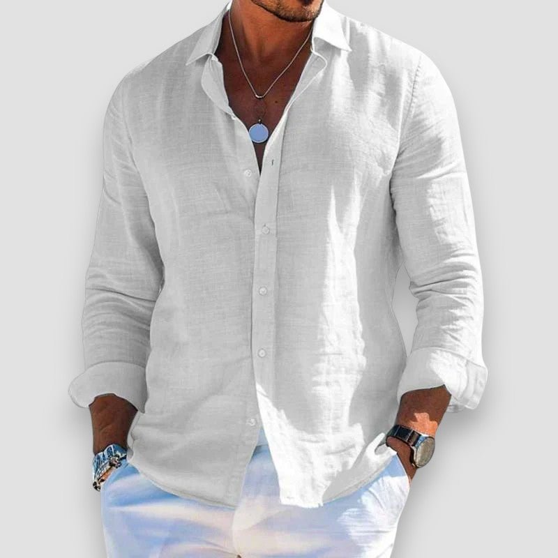 Men's long sleeve button-front shirt with open collar and curved hem