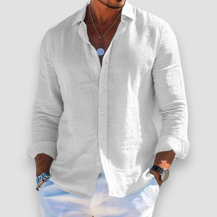 Men's long sleeve button-front shirt with open collar and curved hem