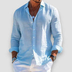 Men's long sleeve button-front shirt with open collar and curved hem