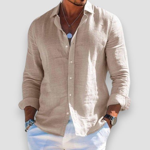 Men's long sleeve button-front shirt with open collar and curved hem