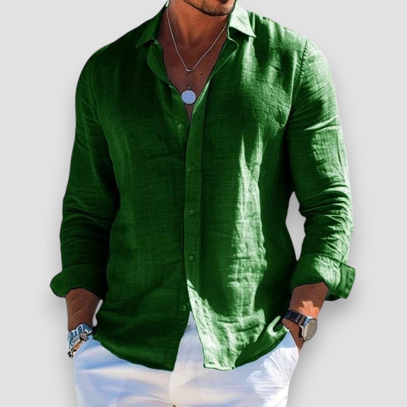 Men's long sleeve button-front shirt with open collar and curved hem