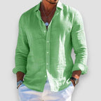 Men's long sleeve button-front shirt with open collar and curved hem