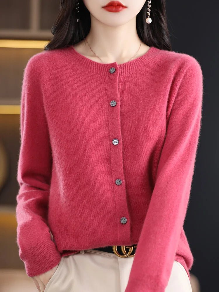 Women's plain button-front cardigan with round neck and long sleeves