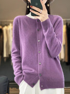 Women's plain button-front cardigan with round neck and long sleeves