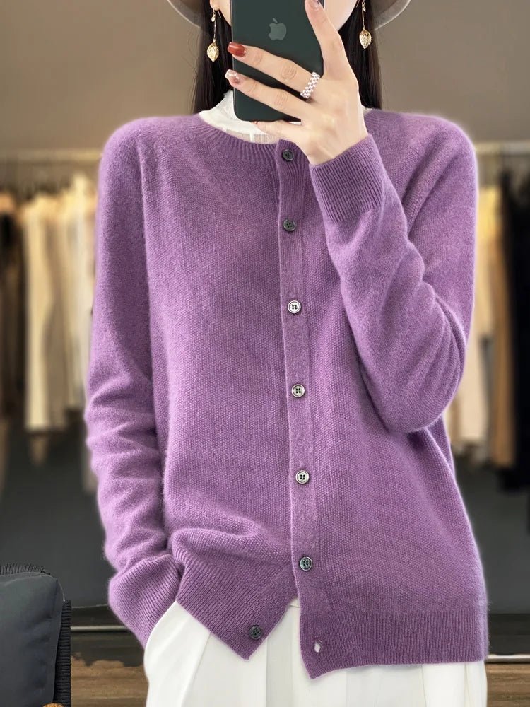 Women's plain button-front cardigan with round neck and long sleeves