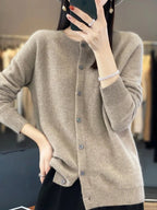 Women's plain button-front cardigan with round neck and long sleeves