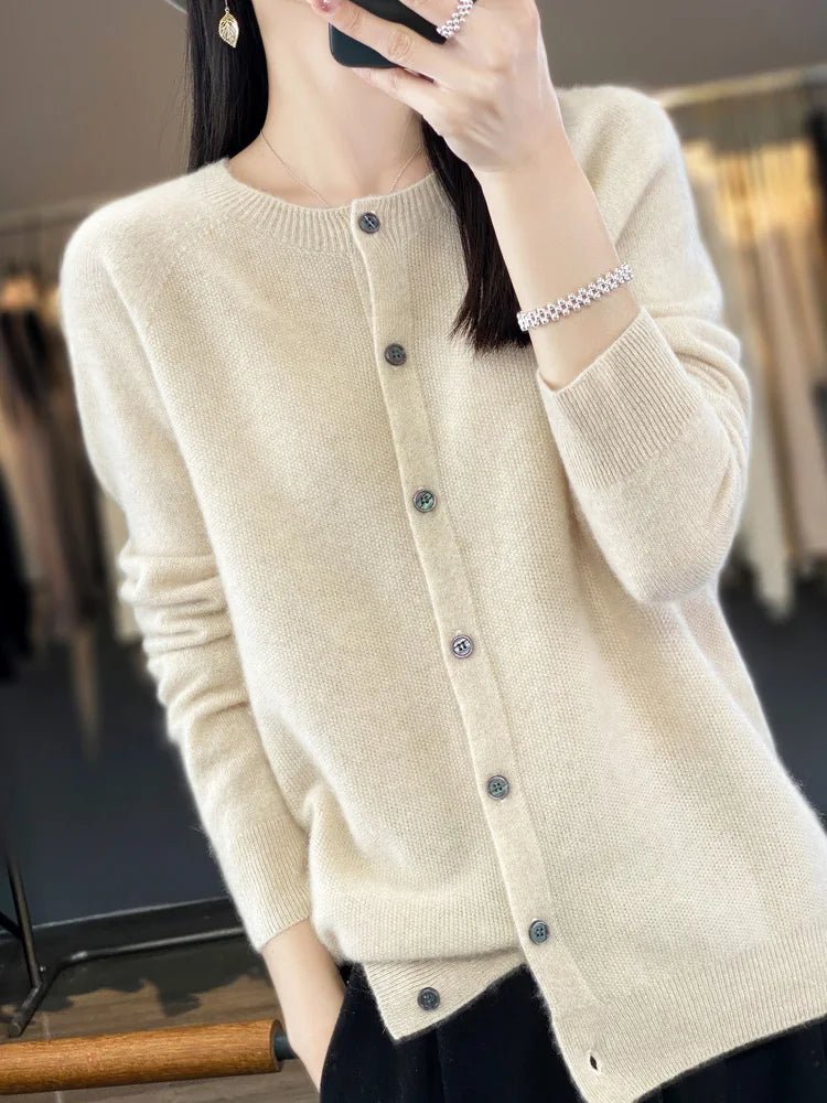 Women's plain button-front cardigan with round neck and long sleeves