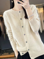 Women's plain button-front cardigan with round neck and long sleeves