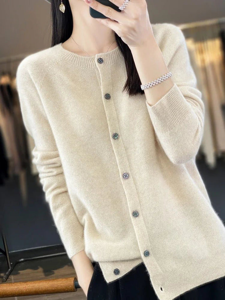 Women's plain button-front cardigan with round neck and long sleeves