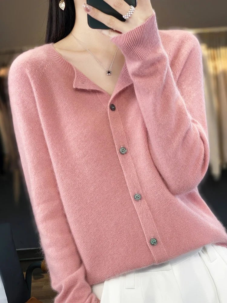 Women's plain button-front cardigan with round neck and long sleeves