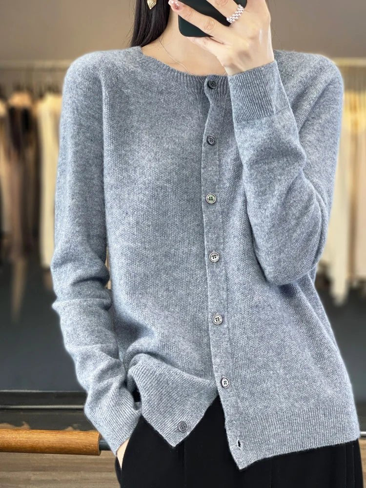 Women's plain button-front cardigan with round neck and long sleeves