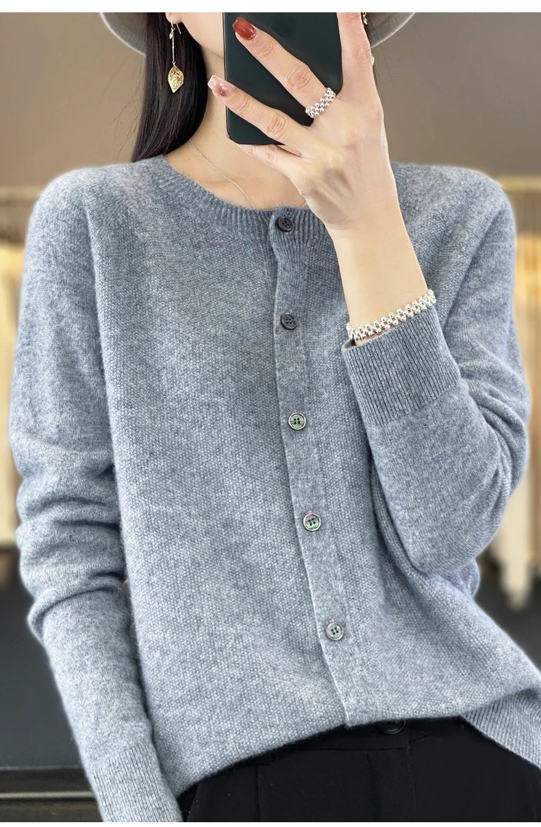 Women's plain button-front cardigan with round neck and long sleeves