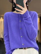 Women's plain button-front cardigan with round neck and long sleeves