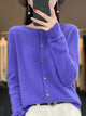 Women's plain button-front cardigan with round neck and long sleeves