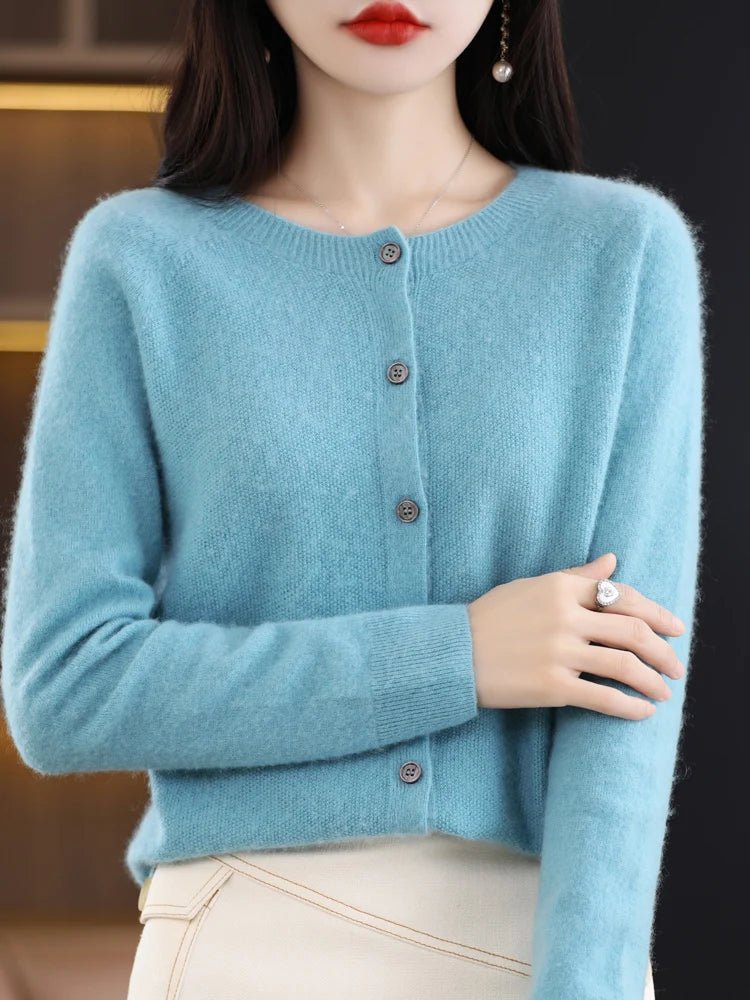 Women's plain button-front cardigan with round neck and long sleeves
