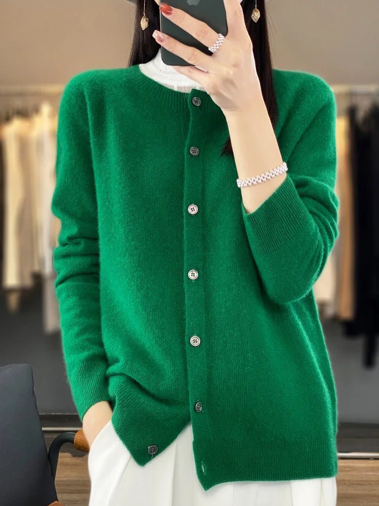 Women's plain button-front cardigan with round neck and long sleeves