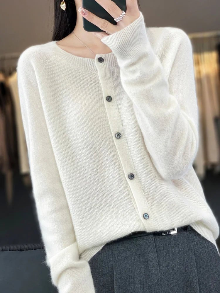 Women's plain button-front cardigan with round neck and long sleeves