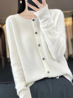 Women's plain button-front cardigan with round neck and long sleeves