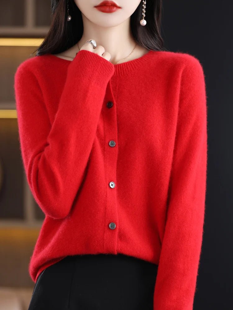 Women's plain button-front cardigan with round neck and long sleeves