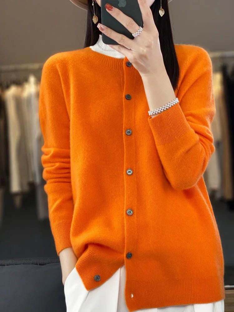 Women's plain button-front cardigan with round neck and long sleeves