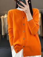 Women's plain button-front cardigan with round neck and long sleeves