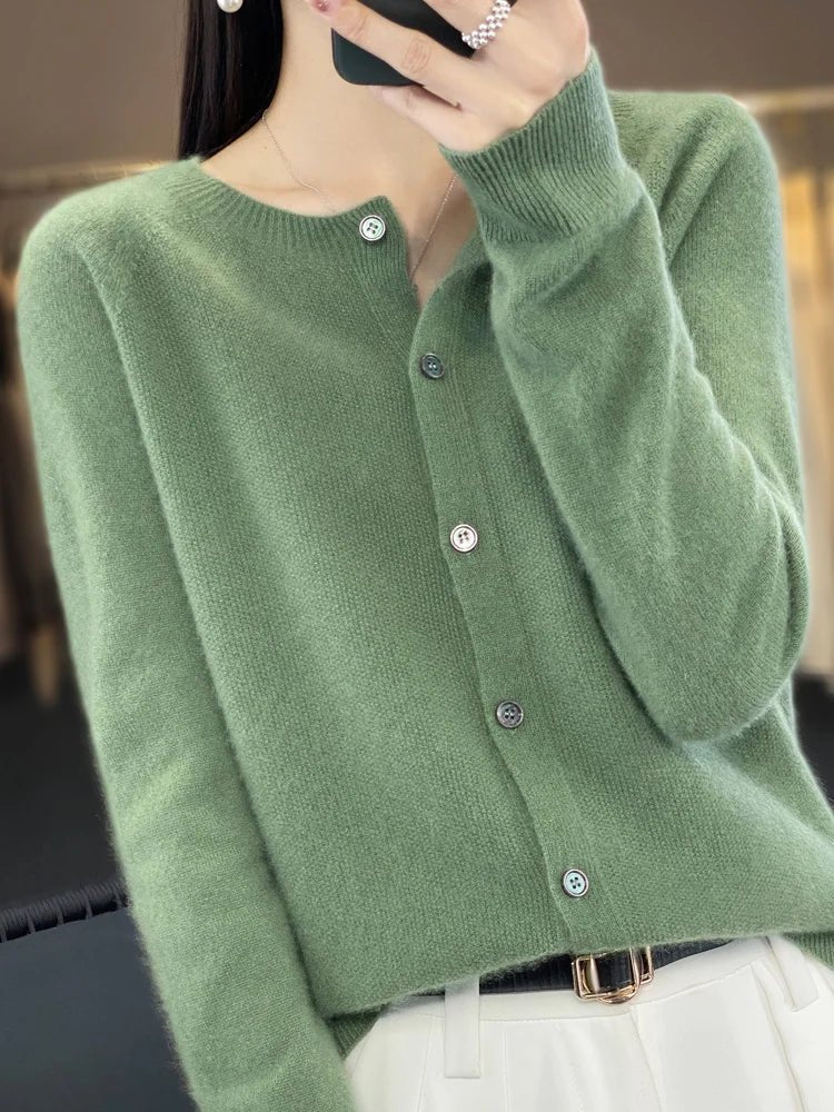 Women's plain button-front cardigan with round neck and long sleeves
