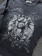 Women's black crewneck sweatshirt with monochrome graphic front print