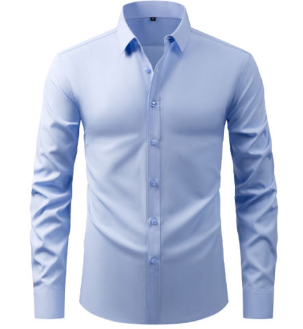 Men's long sleeve formal shirt with point collar, button front and curved hem