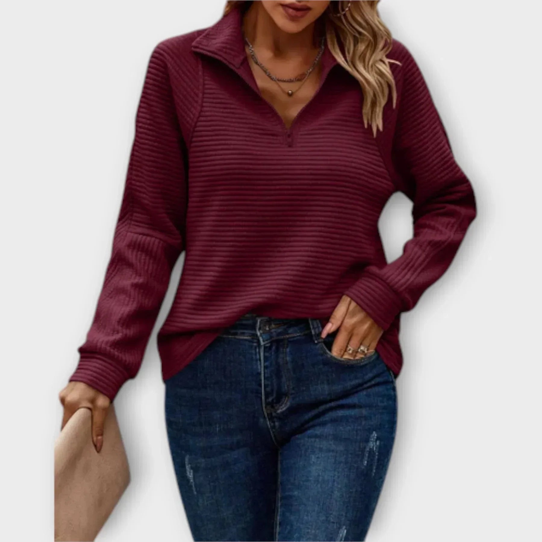 Women's ribbed half-zip pullover with mock neck