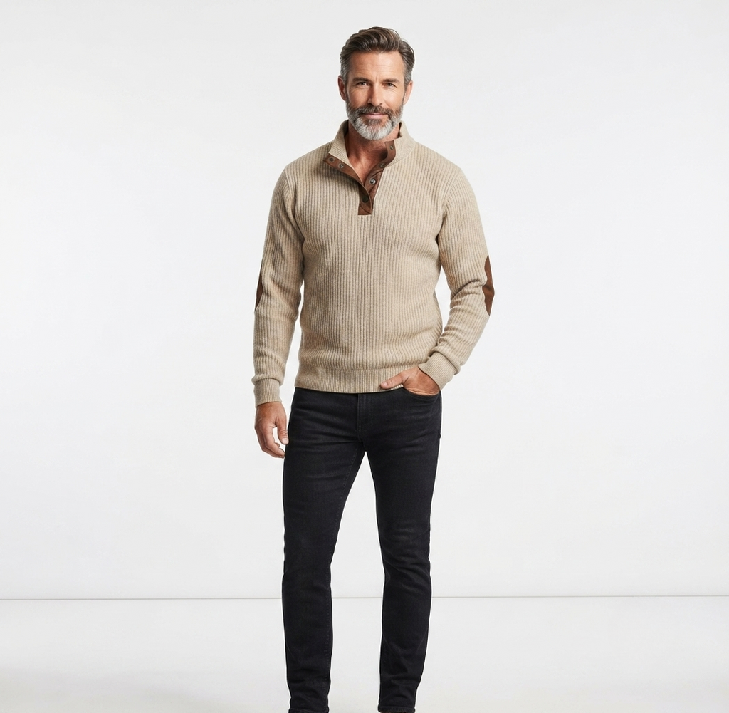 Men's ribbed quarter-button sweatshirt with stand collar and elbow patches