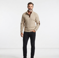 Men's ribbed quarter-button sweatshirt with stand collar and elbow patches