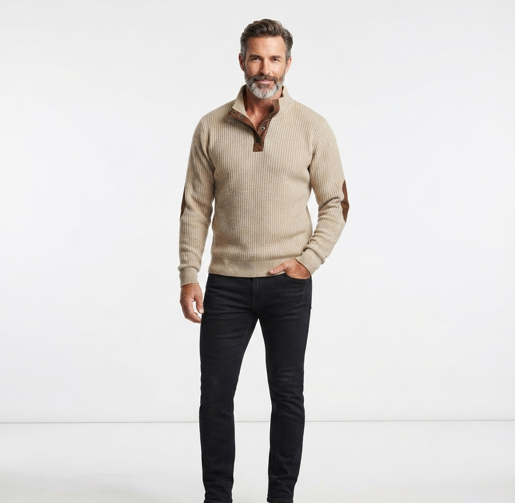 Men's ribbed quarter-button sweatshirt with stand collar and elbow patches