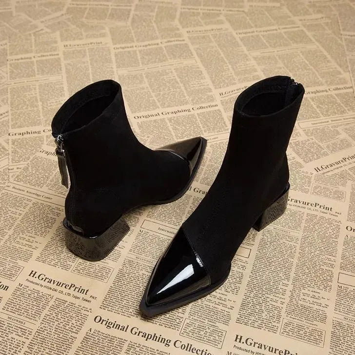 Women's pointed-toe ankle boots with glossy trim and block heels