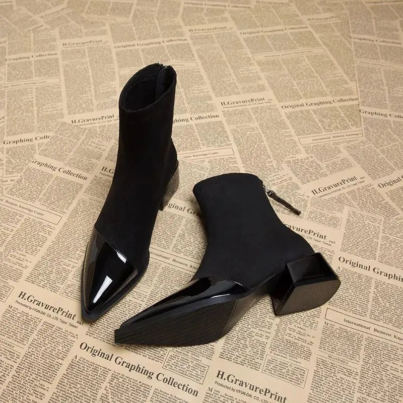 Women's pointed-toe ankle boots with glossy trim and block heels