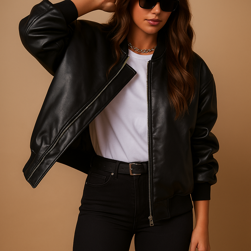 Women's baseball bomber jacket with ribbed trims and front zipper