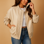 Women's baseball bomber jacket with ribbed trims and front zipper