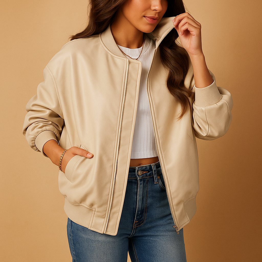 Women's baseball bomber jacket with ribbed trims and front zipper
