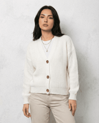 Women's white V-neck knit cardigan with button front