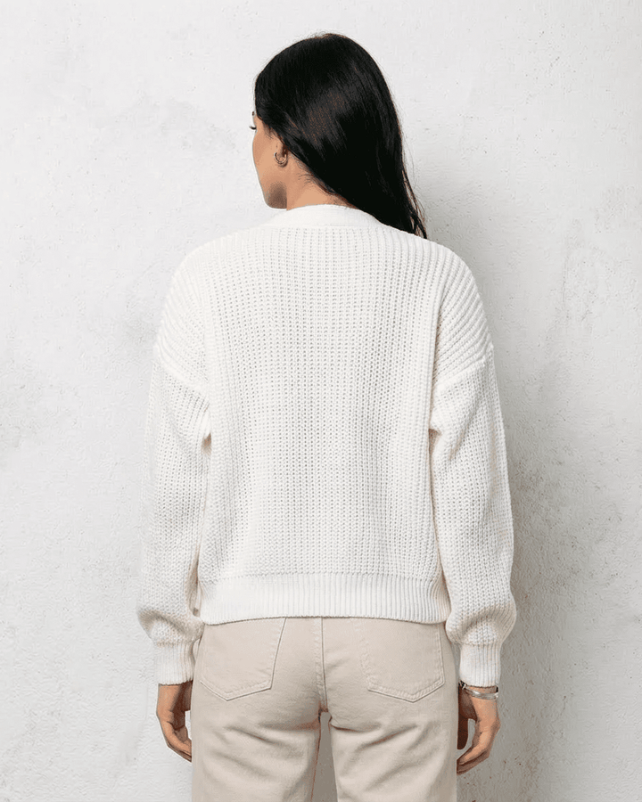 Women's white V-neck knit cardigan with button front
