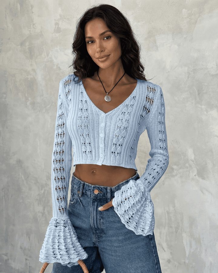 Women's pale blue cropped openwork cardigan with V-neck, buttons and flared cuffs