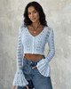 Women's pale blue cropped openwork cardigan with V-neck, buttons and flared cuffs